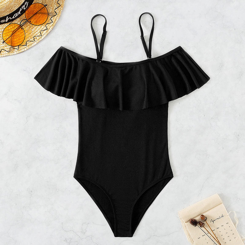 Conservative Strapless One-Shoulder Ruffle High-Waisted One-Piece Swimsuit Bikini
