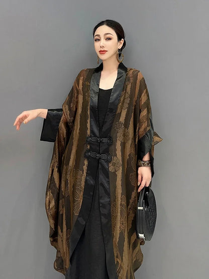 Fashion Printed Dress For Women V-neck Dial Buckle Batwing Sleeve Patchwork Loose Vestido Summer New Tide