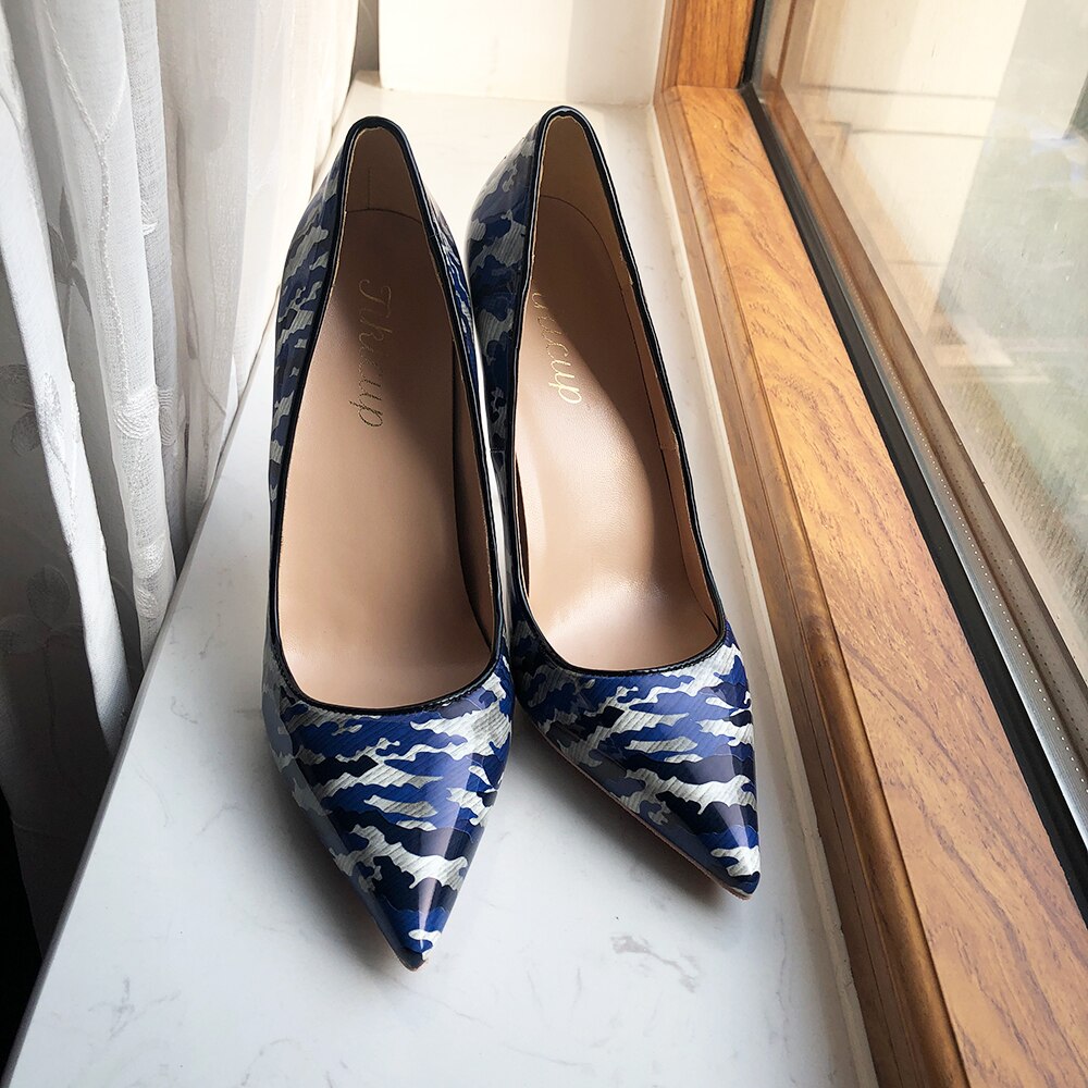 Tikicup Blue Women Patent Printed Pointy Toe High Heels 8cm 10cm 12cm Customize Ladies Chic Stiletto Pumps Slip On Dress Shoes