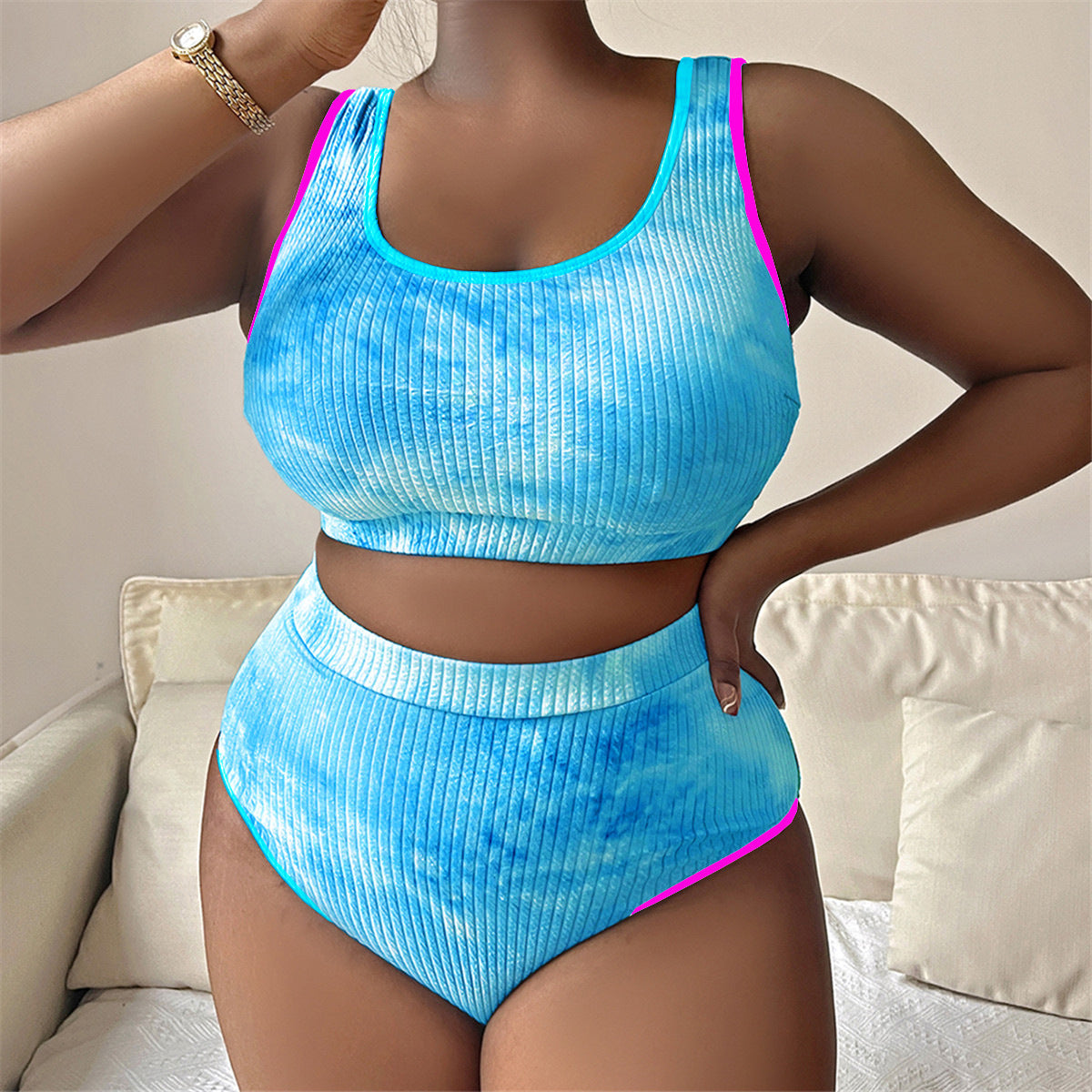 Tankini sexy swimsuit with contrasting tie dye fabric