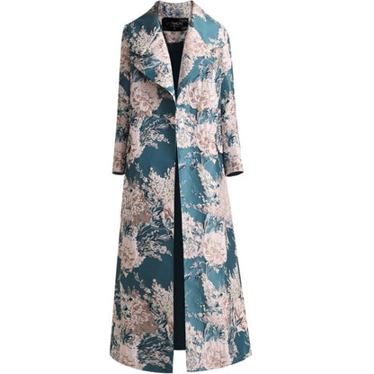 Spring and Autumn Ladies and Ladies Luxury Satin Jacquard Royal Sister Style Elegant Tall Long Trench Coat