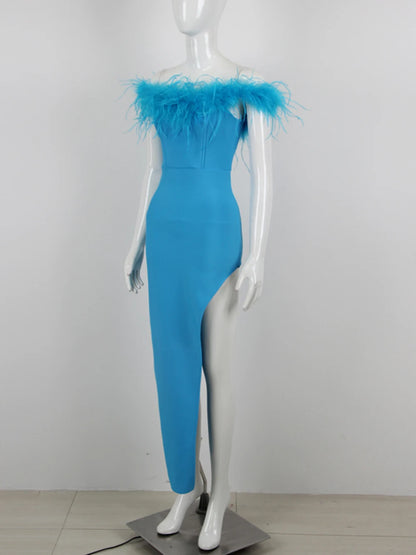 Ladies Blue Off The Shoulder Celebrity Evening Feather Bandage Long Dress Women Sexy Strapless Split Open Leg Club Party Dresses