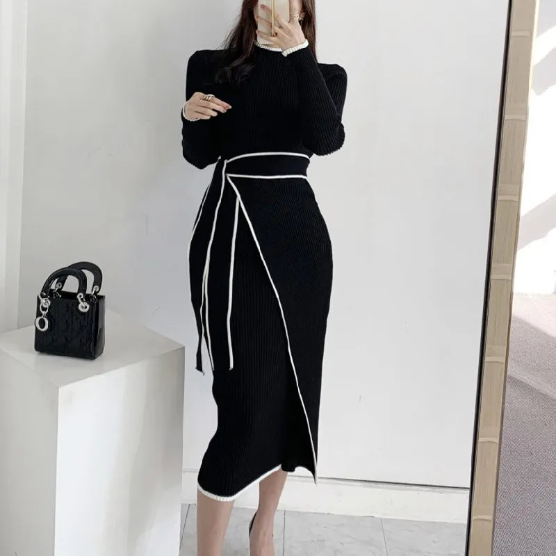Korean Elegant Knitted Women Dress Full Sleeve O-neck Belted Sweater Dresses Solid Chic Warm Fashion Ladies Vestidos