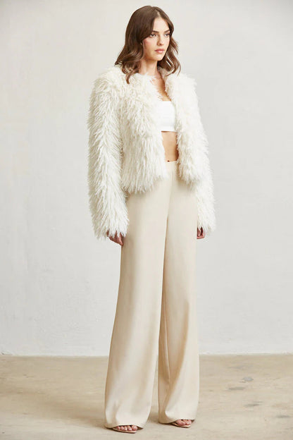 Women Shaggy Faux Fur Jacket | Open Front Long Sleeve Winter Coat with