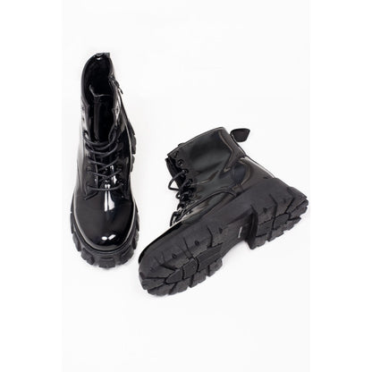 Lace Up Chunky Patent Ankle Boots in Black