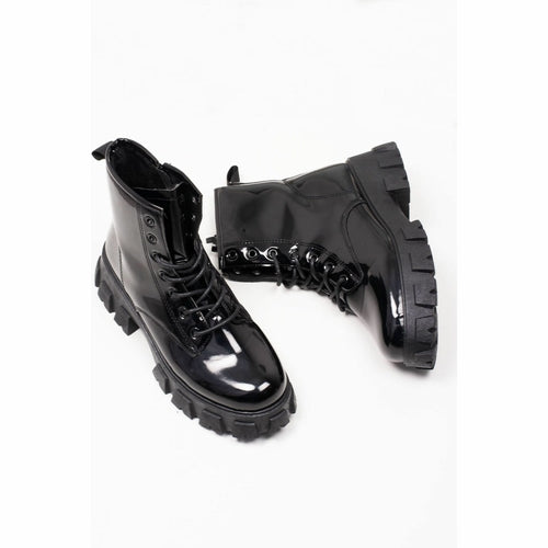 Lace Up Chunky Patent Ankle Boots in Black