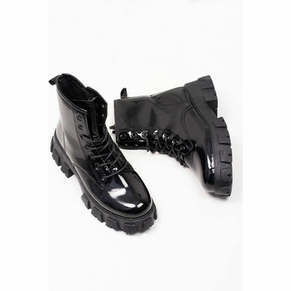 Lace Up Chunky Patent Ankle Boots in Black