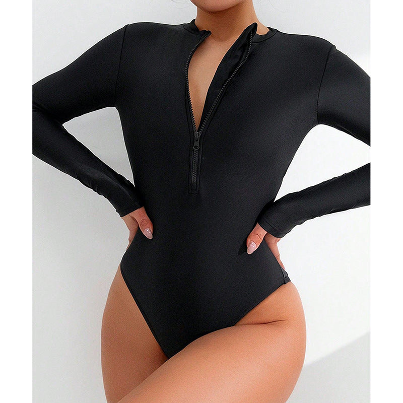Printed  Long Sleeve Zipper Conservative Belly Coverage One-Piece Swimwear
