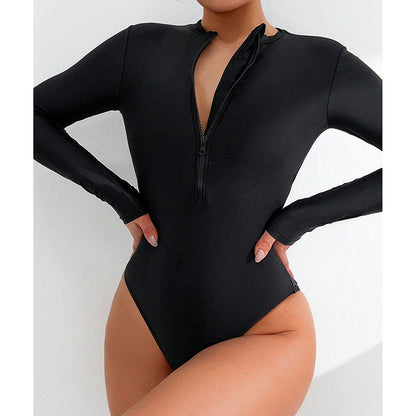 Printed  Long Sleeve Zipper Conservative Belly Coverage One-Piece Swimwear