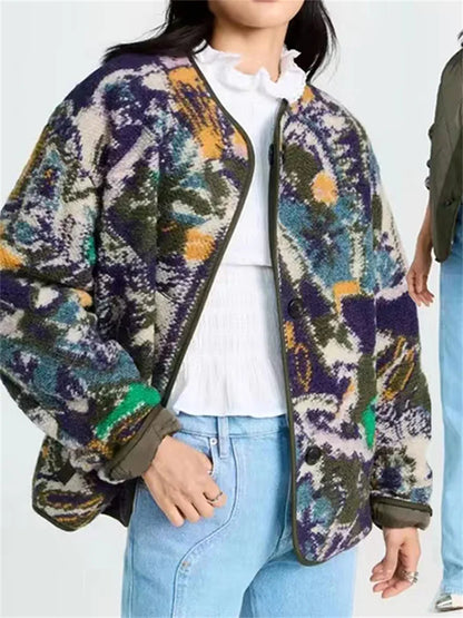 Colorful Geometric Printed Women Single Breasted Jacket Retro O-Neck Long Sleeve Ladies Two Sided Wear Coat Winter New