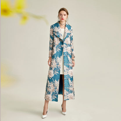 Spring and Autumn Ladies and Ladies Luxury Satin Jacquard Royal Sister Style Elegant Tall Long Trench Coat