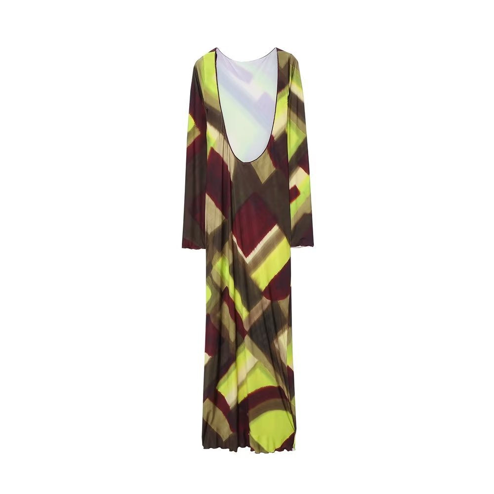 Sexy Women Fashion Printed Backless Midi Dress Ladies Vintage O Neck Long Sleeve Female Chic Dresses Vestidos Mujer