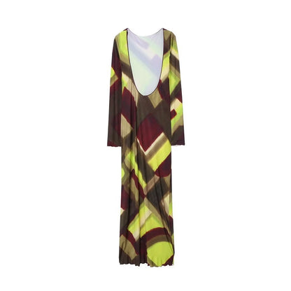 Sexy Women Fashion Printed Backless Midi Dress Ladies Vintage O Neck Long Sleeve Female Chic Dresses Vestidos Mujer