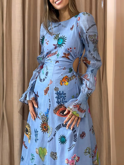 New Spring Summer Women Hollow Out Party Dress Printing Loungewear O-Neck Long Lantern Sleeve Loose Ladies Maxi Dress Streetwear