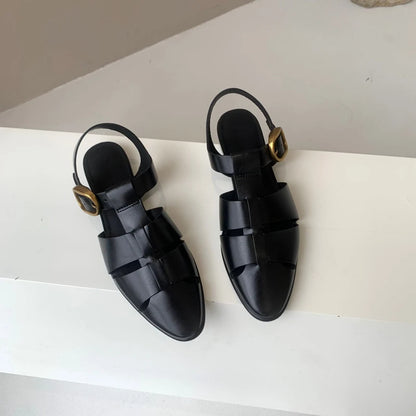 Genuine Leather Comfortable Pointed Toe Flat Sandals Women Fashion Ladies Summer Retro Hollow Roman Sandals