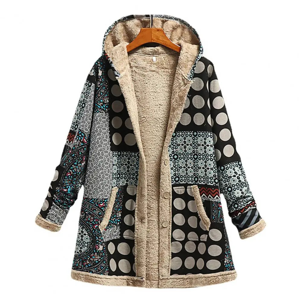 Winter Vintage Women Coat Warm Printing Thick Fleece Hooded Long Jacket with Pocket Ladies Outwear Loose Warm Plush Coat
