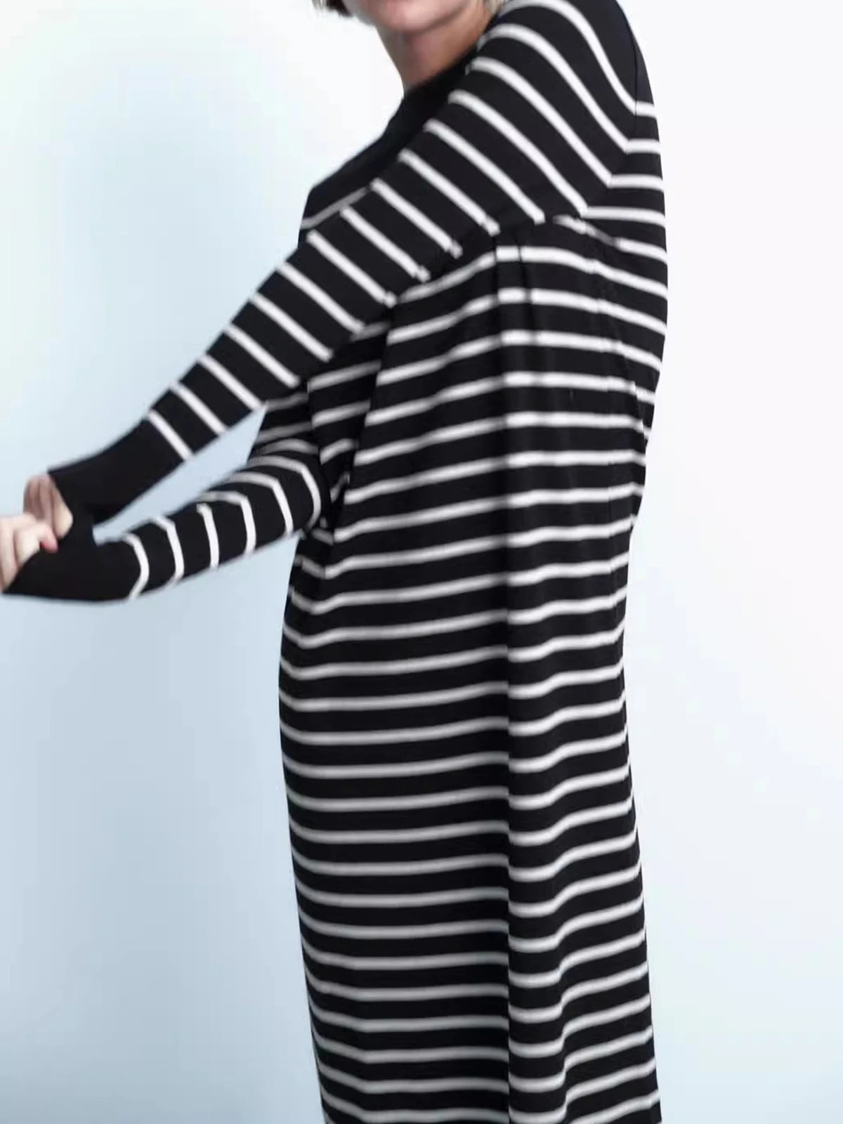 Spring Autumn New Women Long Knitted Stripe Dress Round Neck Rib Trim Long Sleeved Slim Fit Dress Ladies Trendy Casual frock