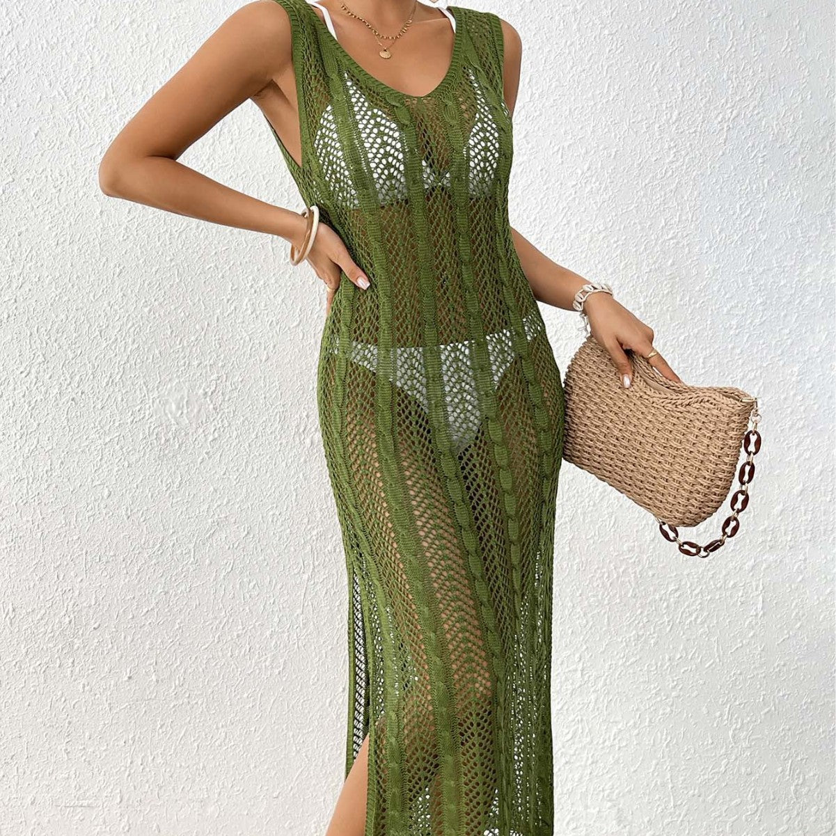 Ladies' Vacation Beach Dress, Hollow Knit Sleeveless Maxi Dress