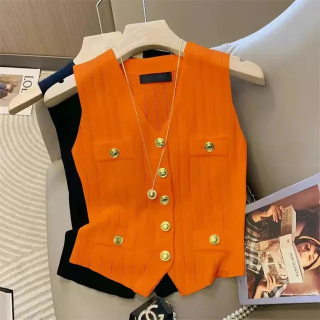 V-neck ice silk knitted vest women's summer new style French chic slim fit sleeveless top