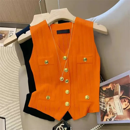 V-neck ice silk knitted vest women's summer new style French chic slim fit sleeveless top