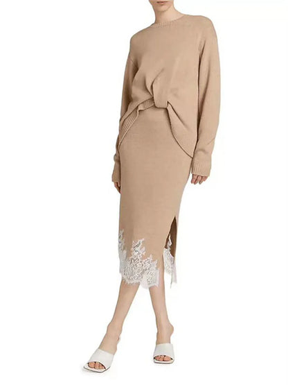 Women Fake Two-Piece Split Knit Dress Long Sleeve Lace Splices O-Neck Pleated Early Autumn  Ladies Elegant Midi Robe