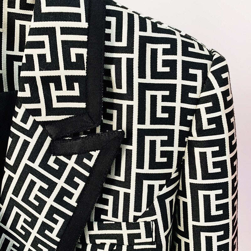 European ladies Spring High Street Classic Featured Fabric Geometric Texture Patchwork Jacket Lion Head Buckle Notched Blazer