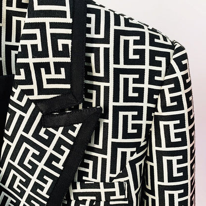 European ladies Spring High Street Classic Featured Fabric Geometric Texture Patchwork Jacket Lion Head Buckle Notched Blazer