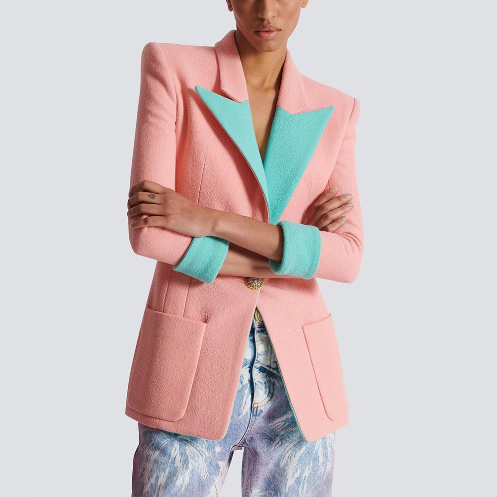 Splicing jacket for women spring and summer seven quarter sleeved suit jacket pink single breasted jacket commuting jacket