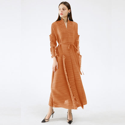Spring And Summer Women's Catwalk Models Fungus Edge Long Sleeve Stitching Straps Pleated Dress