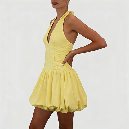 Women's Fashion Deep V Backless Halter Neck Tie Ribbon Bow Bubble Mini Dress