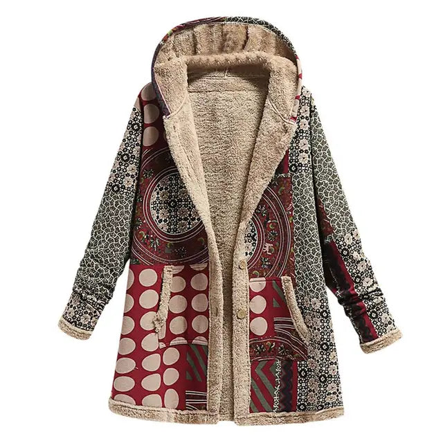 Winter Vintage Women Coat Warm Printing Thick Fleece Hooded Long Jacket with Pocket Ladies Outwear Loose Warm Plush Coat