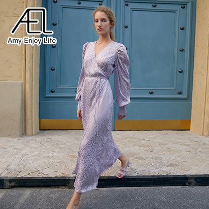 AEL Summer Wrap Dress Satin V-Neck Loose Waist Lace Up Ladies Long Streetwear Violet And Rose Red Pajama Look