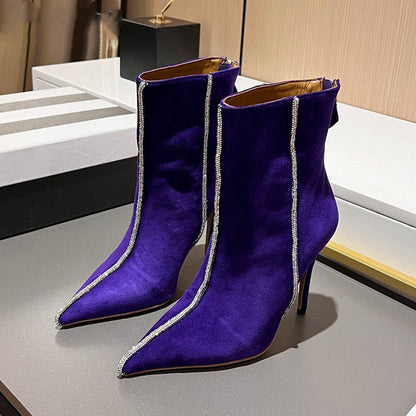 Royal Blue Suede Leather Ankle Boots Women's Rhinestone High Heels Elegant Pointed Toe Ladies Winter Dress Shoes Short Boots