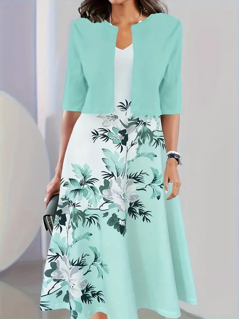 Two-piece long dress with floral and grass print, round neckline