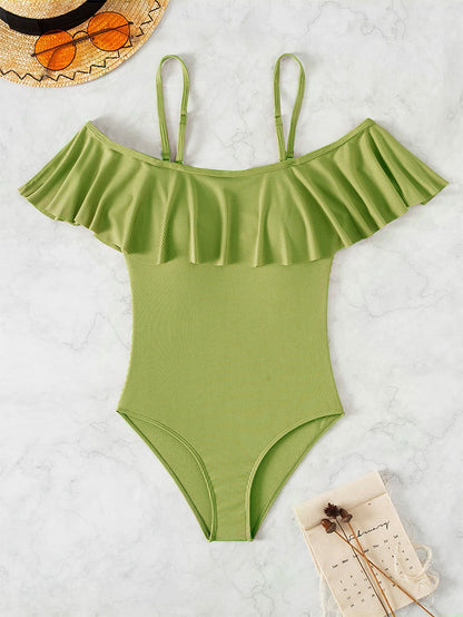 Conservative Strapless One-Shoulder Ruffle High-Waisted One-Piece Swimsuit Bikini