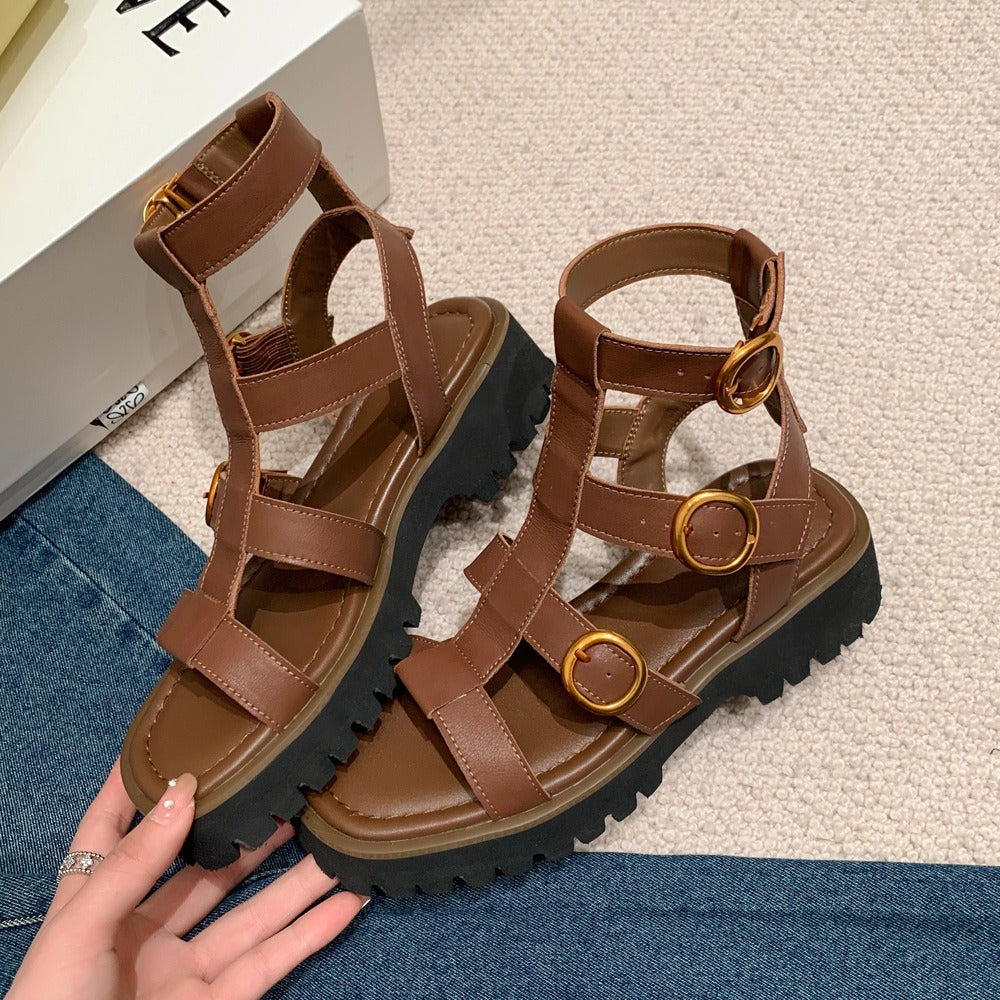 thick heels shoes woman platform sandals female buckle summer dress shoes real leather ankle boots ladies roman beach sandals