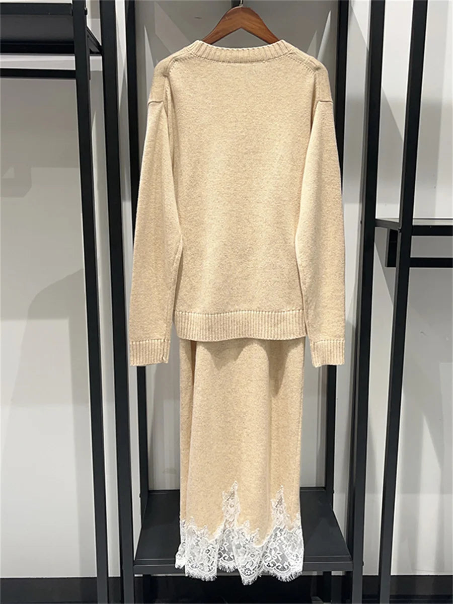 Women Fake Two-Piece Split Knit Dress Long Sleeve Lace Splices O-Neck Pleated Early Autumn  Ladies Elegant Midi Robe