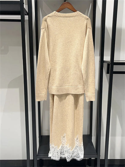 Women Fake Two-Piece Split Knit Dress Long Sleeve Lace Splices O-Neck Pleated Early Autumn  Ladies Elegant Midi Robe