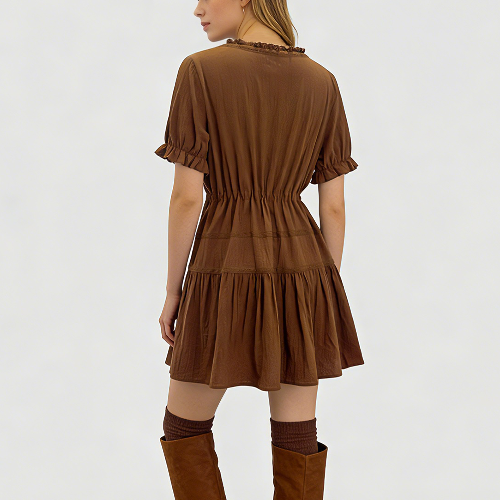 Women's fashionable French-style lace-trimmed velvet bow waist drawstring dress