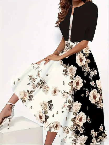 Two-piece long dress with floral and grass print, round neckline