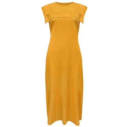 Ladies summer simple loose sleeveless pleated waistcoat round neck mid-length dress