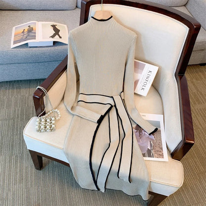 Korean Elegant Knitted Women Dress Full Sleeve O-neck Belted Sweater Dresses Solid Chic Warm Fashion Ladies Vestidos