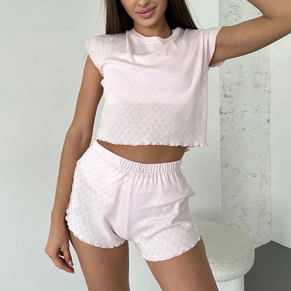 Ladies' Knitted Blend Breathable Soft Short Sleeve ampShorts Two-Piece Set, Elastic Home Wear for Spring and Summer