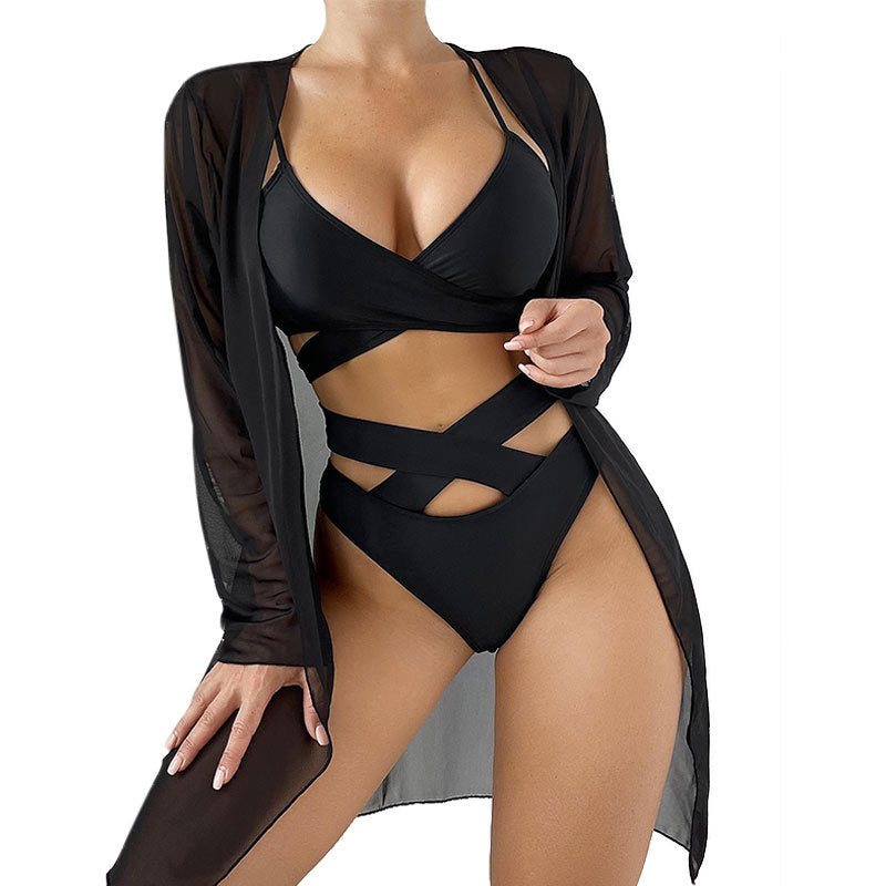 Open Front Beach Cover-Up Bikini Swimwear Three-Piece Set Push-Up High-Waisted Hot Spring Swimsuit for Women