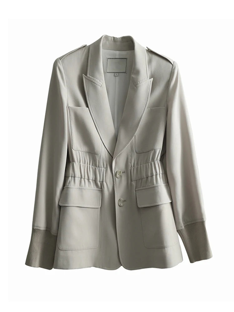 Fashion Women's Blazer Slim Notched Collar Single Button Folds Waist Straight Gray Suit Jackets Summer  New