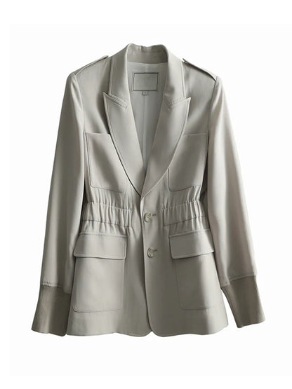 Fashion Women's Blazer Slim Notched Collar Single Button Folds Waist Straight Gray Suit Jackets Summer  New