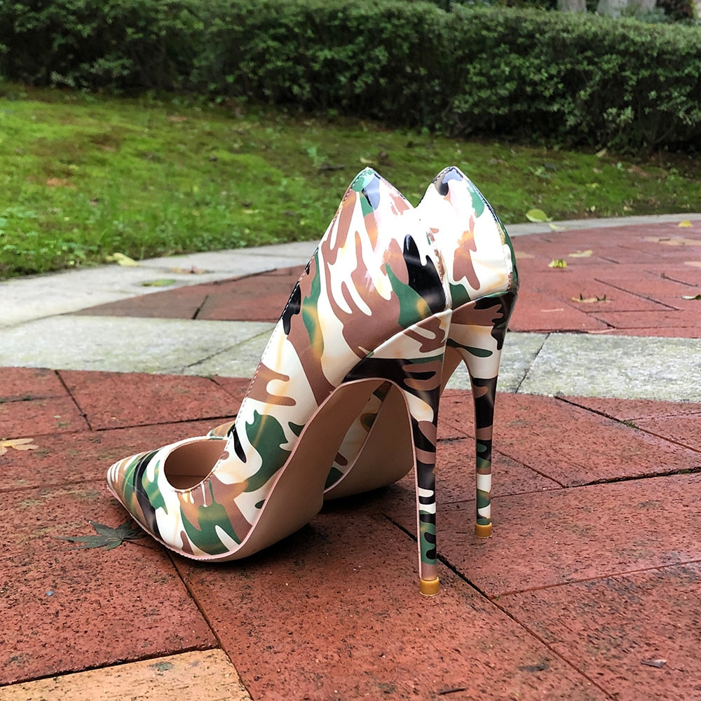 Tikicup Women Camouflage Patent Pointy Toe High Heel Shoes Unique Ladies Fashion Dress Stiletto Pumps Plus Size 33-45