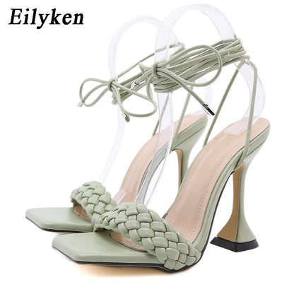 New Design Weave Sandals Spike Heels Women High Heels Square Open Toe Ankle Strap Summer Ladies Elegant Dress Shoes