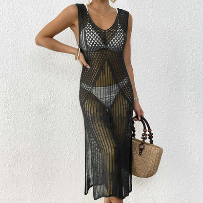 Ladies' Vacation Beach Dress, Hollow Knit Sleeveless Maxi Dress
