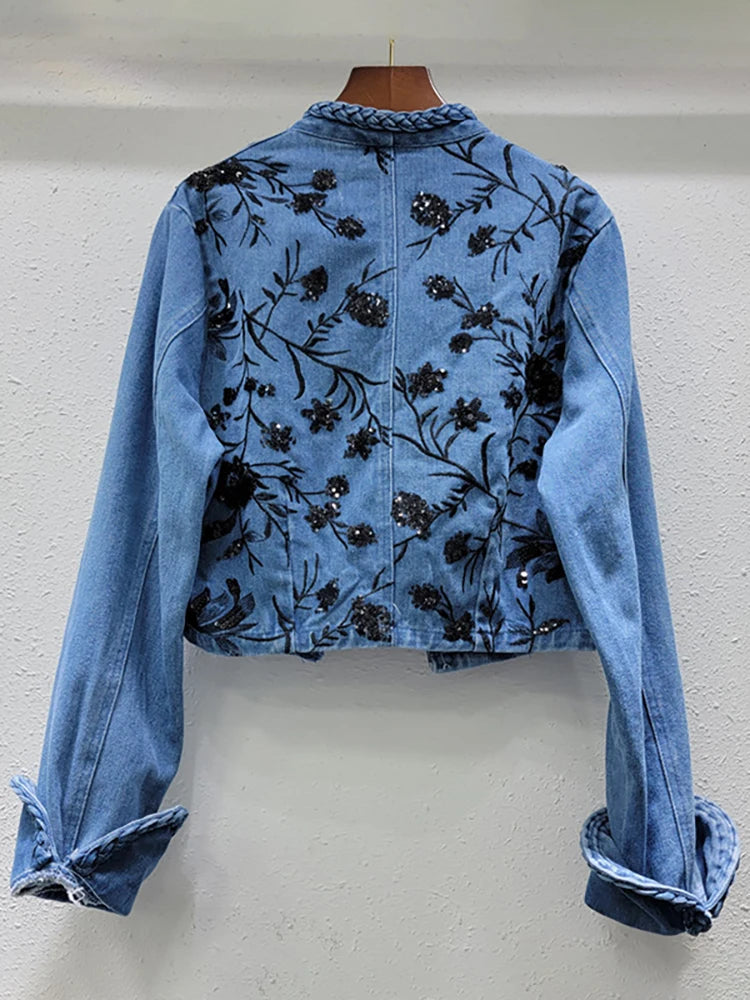 Women's Denim Coats Embroidery Sequins Flowers Buttonless Irregular Collar Twist Jackets  Summer New Fashion